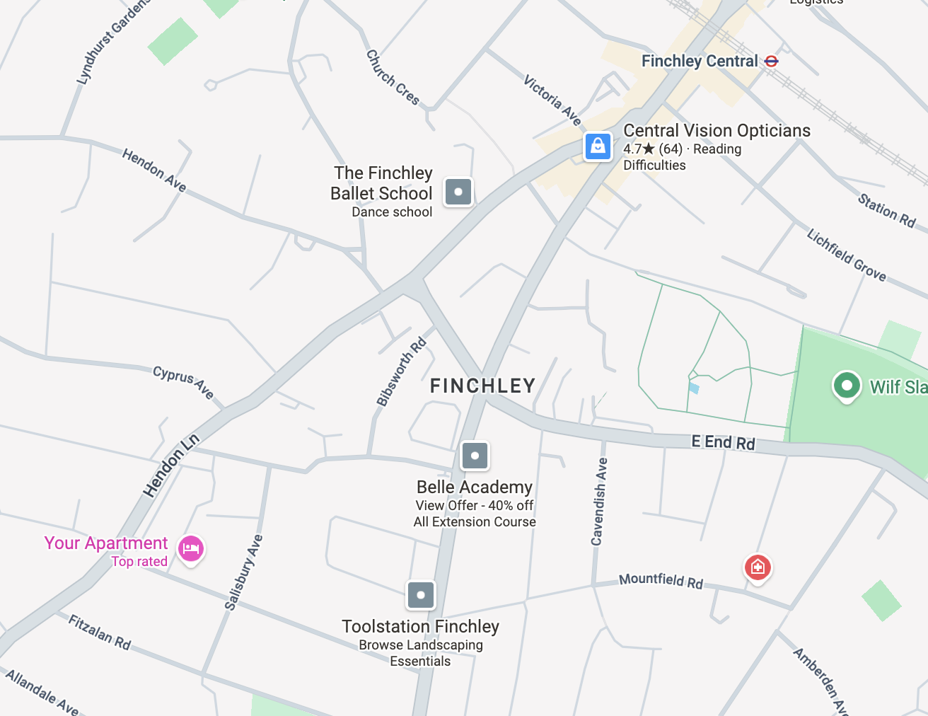 Map of Finchley in North London